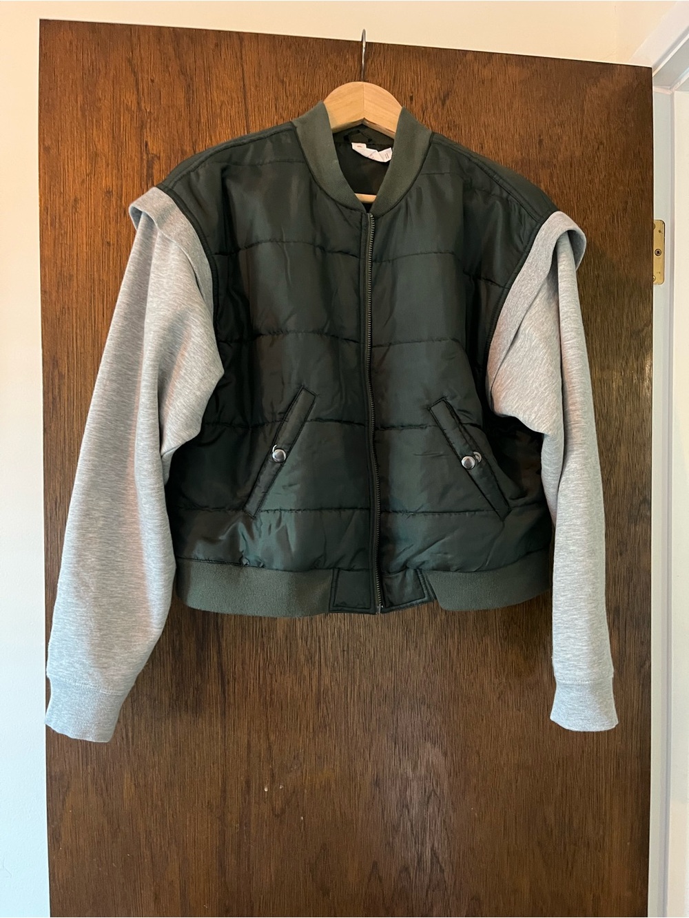 Quilted Bomber Jacket with Grey Sweatshirt Sleeves - Dark Green & Light Grey